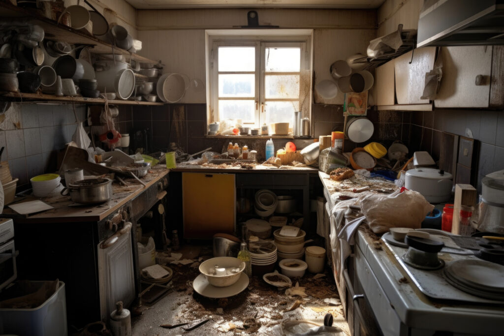 very messy kitchen interior. unwashed dishes. generative ai