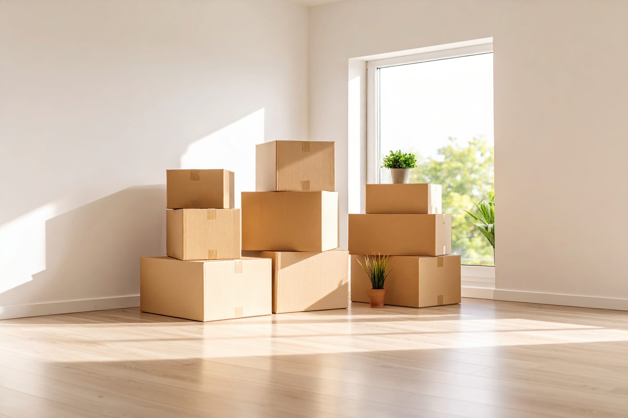 minimalist room features stack of cardboard boxes, symbolizing move or relocation, with natural light streaming through window, creating serene atmosphere